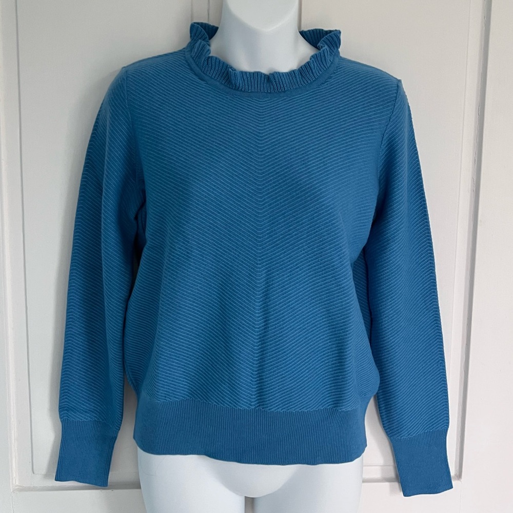 NWT J.Crew Blue Chevron Ruffle neck pullover XS azure. Cotton wool